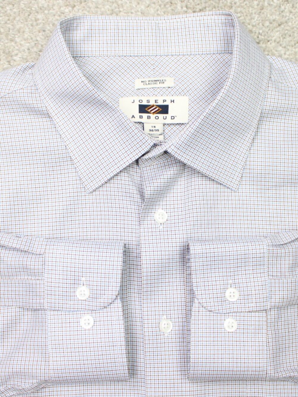 Joseph Abboud Shirt Men 18, 34/35 Blue/Brown No Wrinkles Classic Fit Long Sleeve